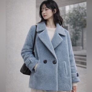 NWOT 100%wool Women’s Blue Wool Fleece Cropped Jacket Double Breasted